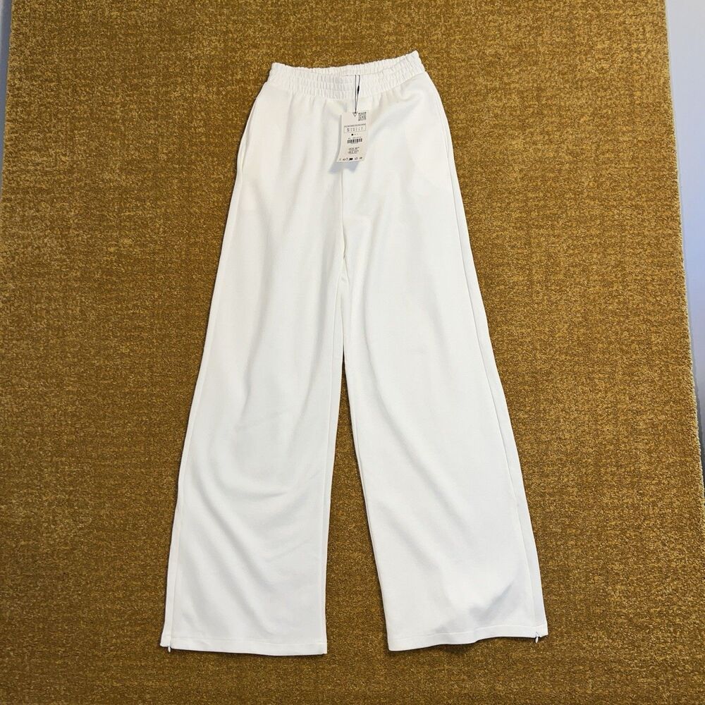 NWT Zara Womens Wide Leg Pull On Pants Sz S White Elastic Waist Side Zipper